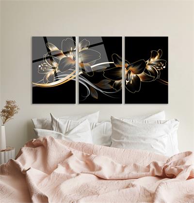 Soyut Gold Renkli Çiçek  Cam Tablo  Modern Ofis Makam Odası Hediyelik Büyük Tablo Duvar Dekoru 