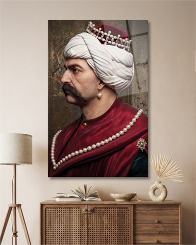 Yavuz Sultan Selim Cam Tablo | Osmanlı Padişahı Portresi | 4 mm Temperli Cam Duvar Tablosu | Premium Dekor