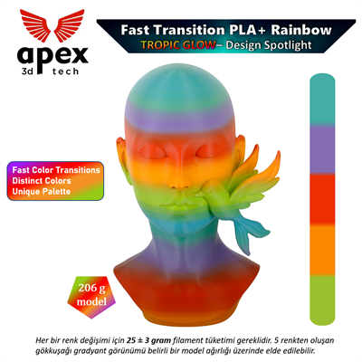 Apex3D Gökkuşağı PLA+ Filament - Tropik Işıltı 1 Kg 1.75mm