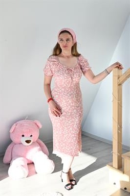 VİSKON KUMAŞ BALON KOL PEMBE ELBİSEELBİSE