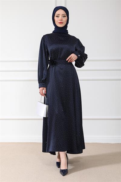 Aksesuarlı Işıltılı Abiye - Lacivert