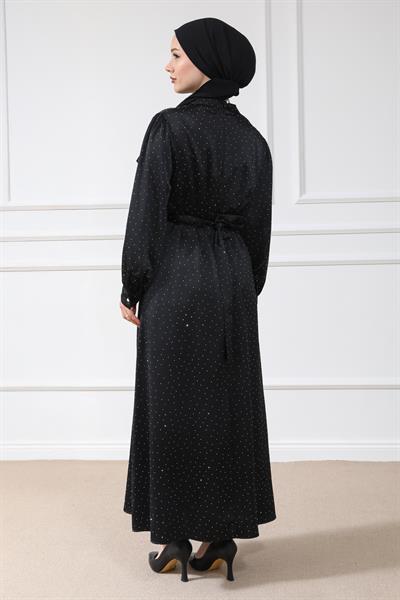 Aksesuarlı Işıltılı Abiye - Siyah