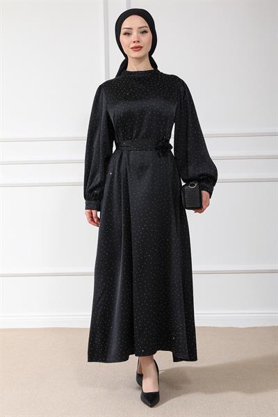 Aksesuarlı Işıltılı Abiye - Siyah