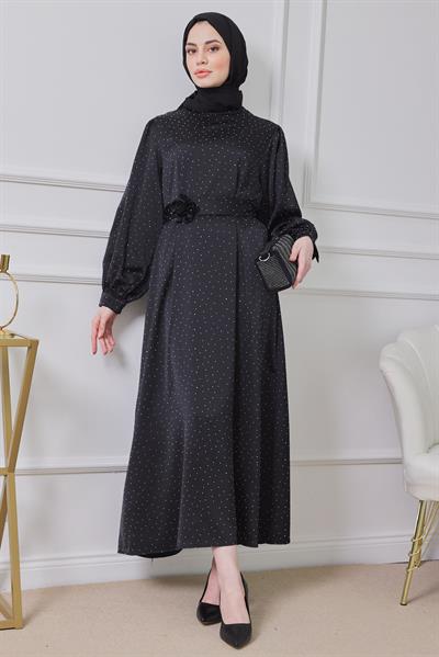 Aksesuarlı Işıltılı Abiye - Siyah