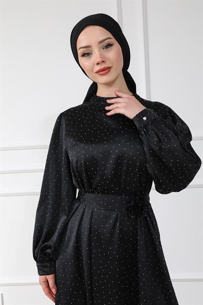 Aksesuarlı Işıltılı Abiye - Siyah