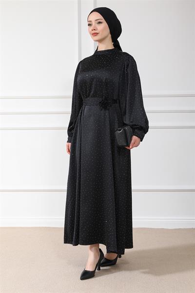 Aksesuarlı Işıltılı Abiye - Siyah