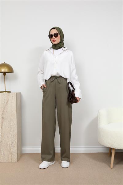 Bağcıklı Keten Pantolon - Haki