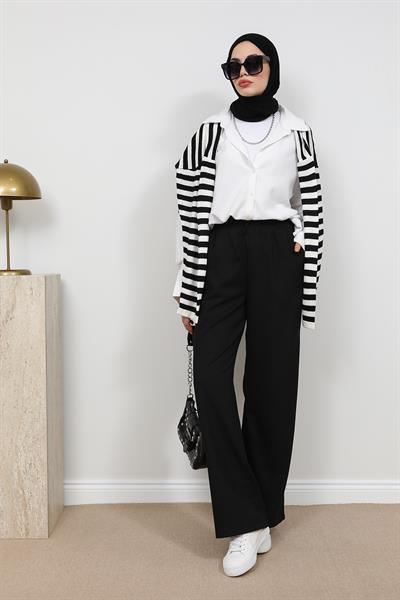 Bağcıklı Keten Pantolon - Siyah