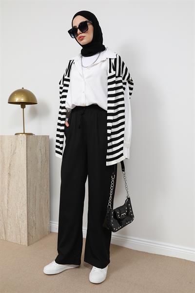 Bağcıklı Keten Pantolon - Siyah