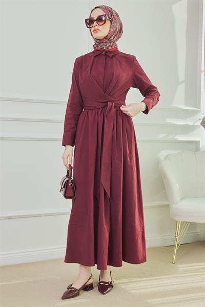 Bağlamalı Uzun Elbise - BORDO
