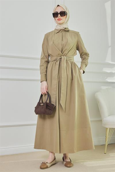 Bağlamalı Uzun Elbise - CAMEL
