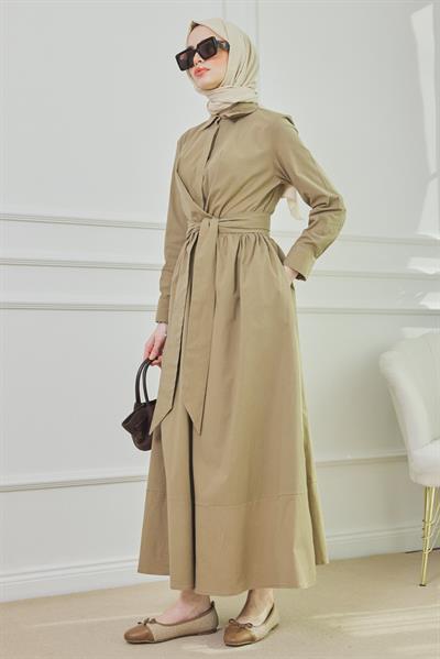 Bağlamalı Uzun Elbise - CAMEL