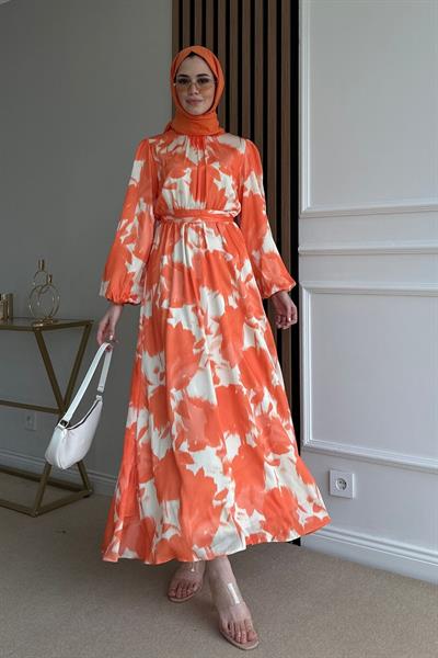 Batik Şifon Elbise - TURUNCU