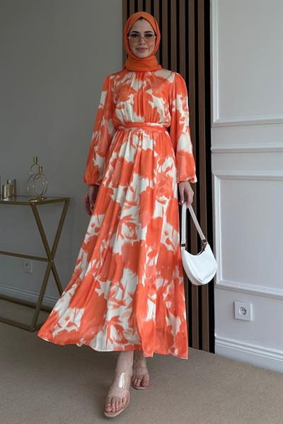 Batik Şifon Elbise - TURUNCU