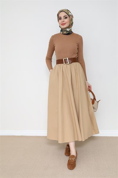 Bel Lastikli Çan Etek - Krem