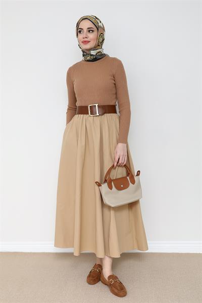 Bel Lastikli Çan Etek - Krem