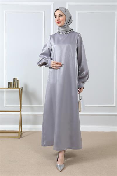 Boyun Taşlı Abiye - Gri