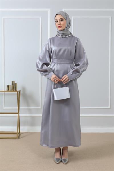 Boyun Taşlı Abiye - Gri