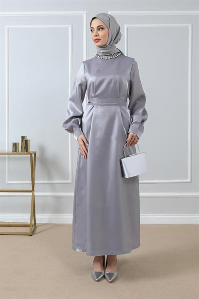 Boyun Taşlı Abiye - Gri