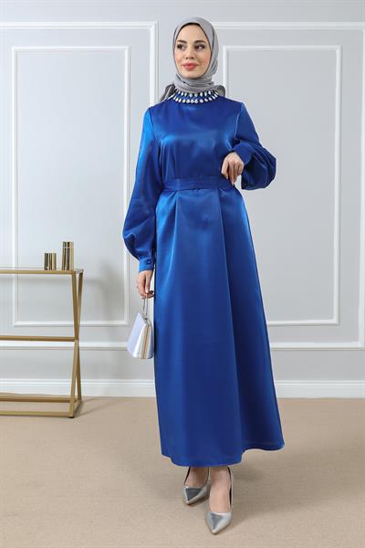 Boyun Taşlı Abiye - Saks