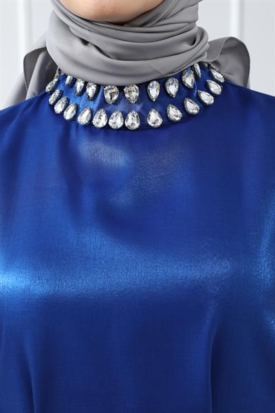 Boyun Taşlı Abiye - Saks