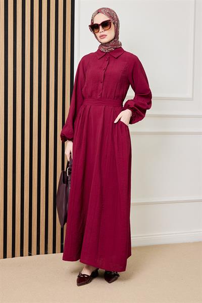 Cepli Gofre Elbise - BORDO