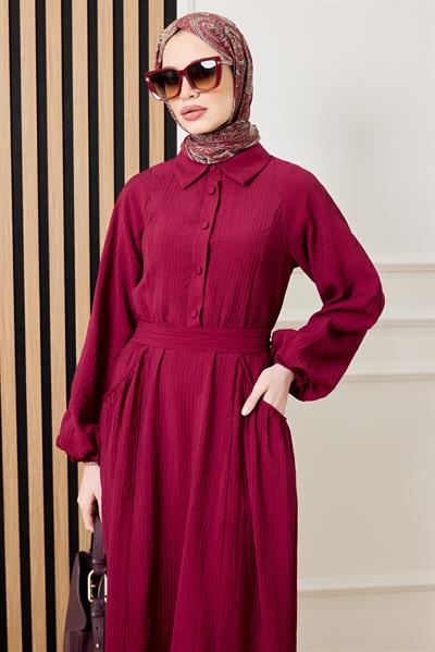 Cepli Gofre Elbise - BORDO