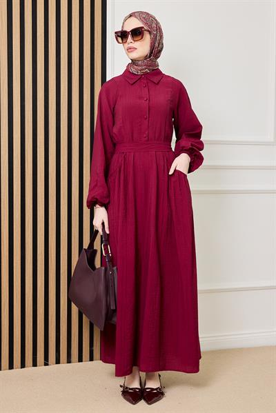 Cepli Gofre Elbise - BORDO