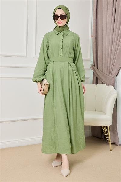 Cepli Gofre Elbise - YEŞİL