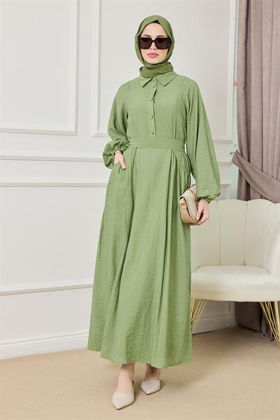 Cepli Gofre Elbise - YEŞİL