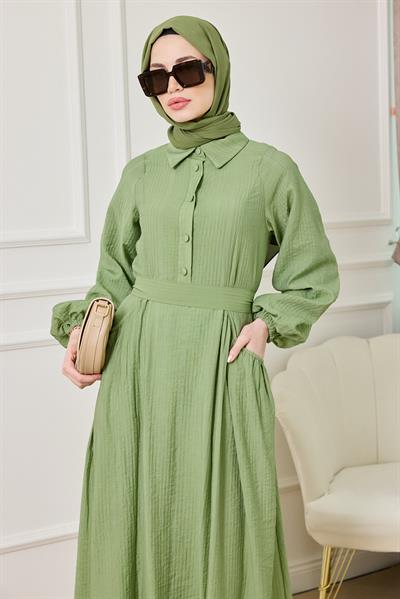 Cepli Gofre Elbise - YEŞİL