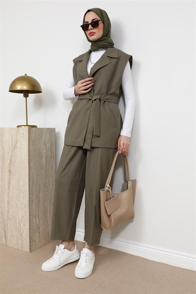 Cepli Keten Pantolon - Haki