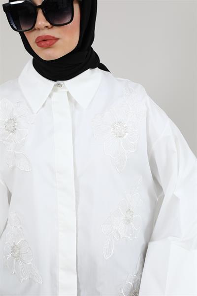Çiçek İşlemeli Gömlek - Beyaz