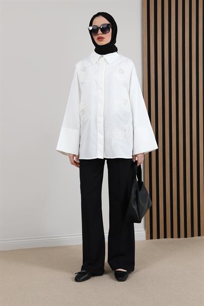 Çiçek İşlemeli Gömlek - Beyaz