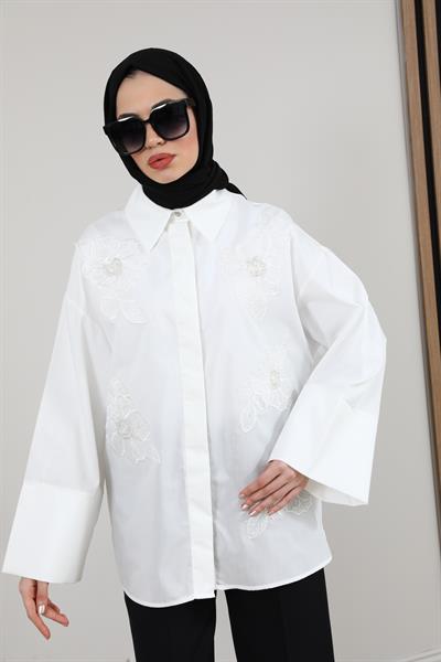 Çiçek İşlemeli Gömlek - Beyaz