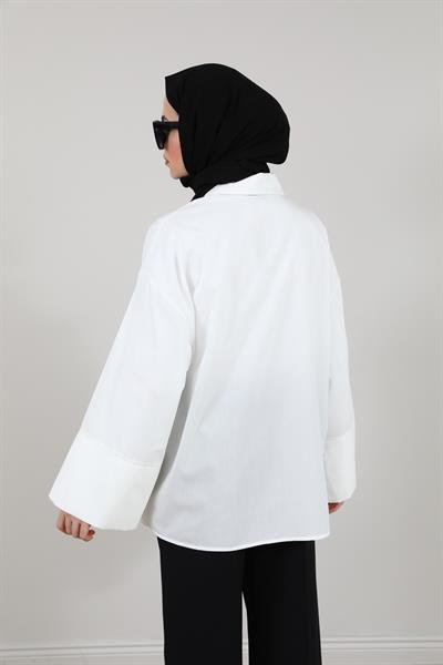 Çiçek İşlemeli Gömlek - Beyaz