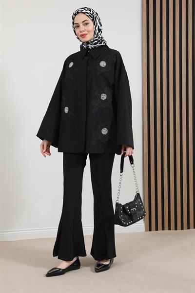 Çiçek İşlemeli Gömlek - Siyah