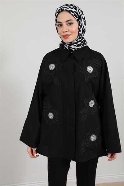 Çiçek İşlemeli Gömlek - Siyah
