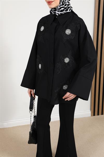 Çiçek İşlemeli Gömlek - Siyah