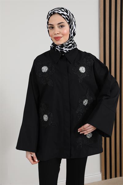 Çiçek İşlemeli Gömlek - Siyah