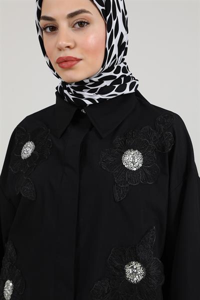 Çiçek İşlemeli Gömlek - Siyah