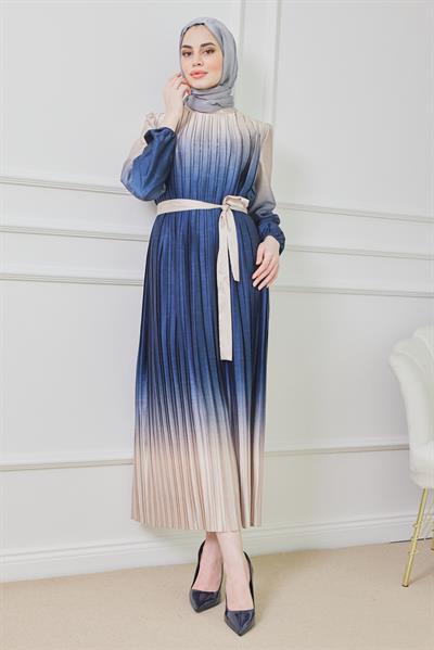 Çift Renk Saten Elbise - Lacivert