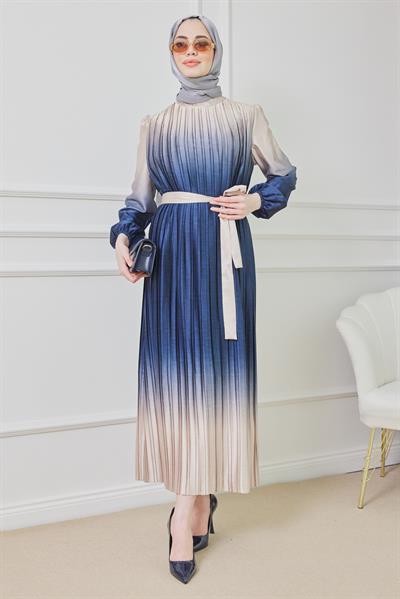 Çift Renk Saten Elbise - Lacivert