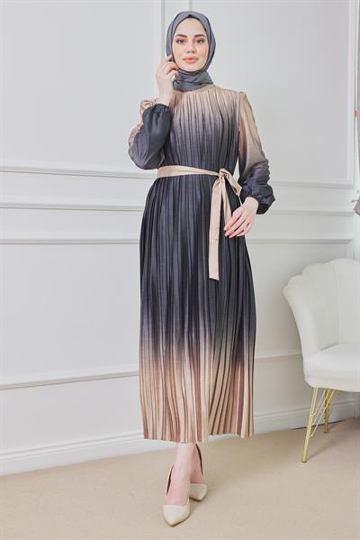 Çift Renk Saten Elbise - Siyah