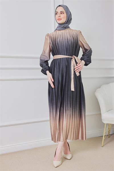 Çift Renk Saten Elbise - Siyah