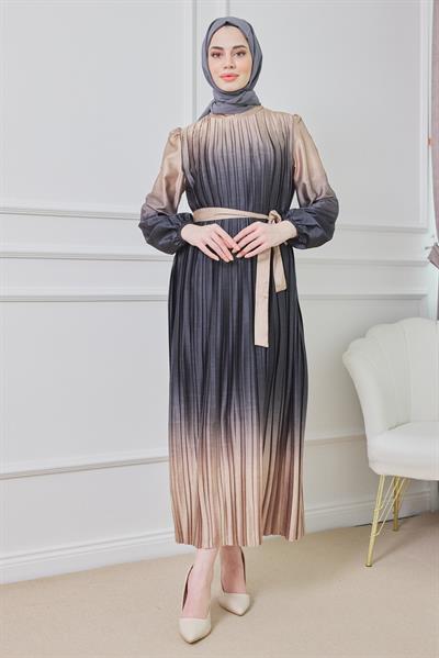 Çift Renk Saten Elbise - Siyah