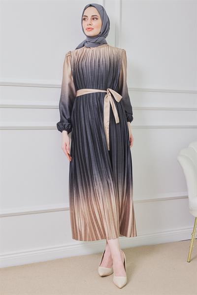 Çift Renk Saten Elbise - Siyah