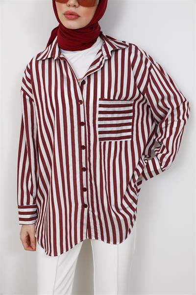 Çizgili Oversize Gömlek - Bordo