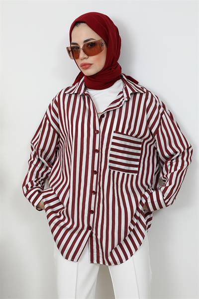 Çizgili Oversize Gömlek - Bordo