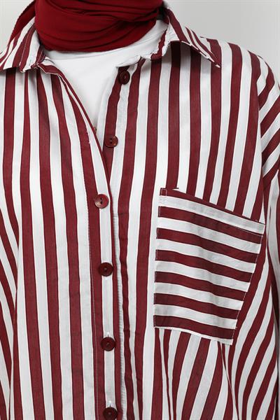 Çizgili Oversize Gömlek - Bordo